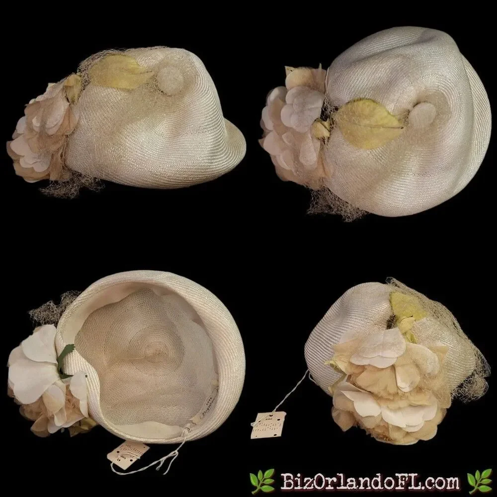 VINTAGE: 1950s Voguemont Cream Straw Pillbox Hat Flower Veil Goldblatts Tag MCM